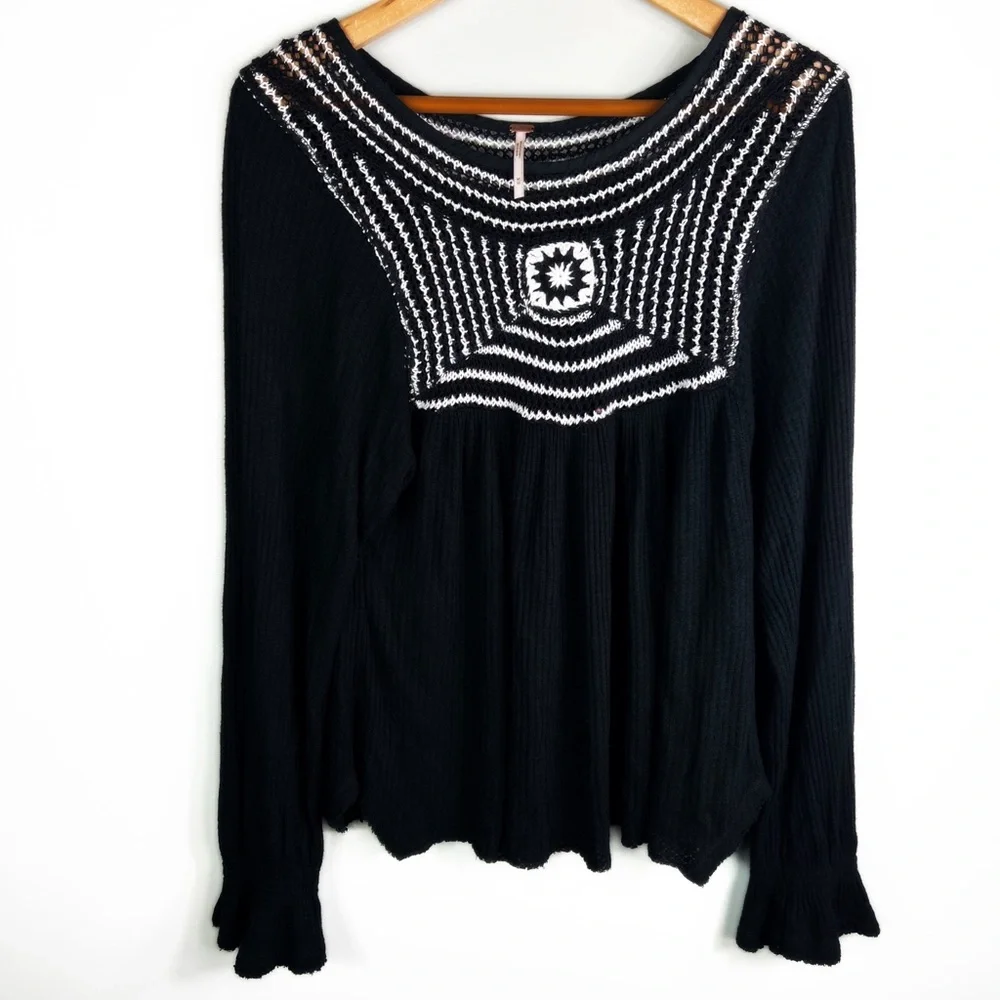 Free People Soulmate Waffle Knit Crochet Boho Top